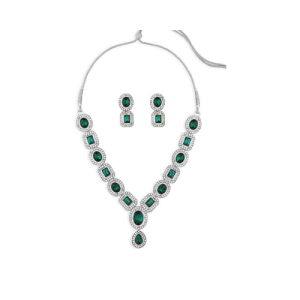 Green Stones & Dazzling Austrian Diamonds Embellished Necklace & Earring Set For Women