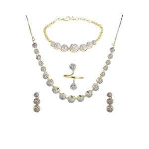Jewellery Set for Women American Diamond Combo of Choker Necklace Set with Earrings, Bracelet and Ring for Girls and Women