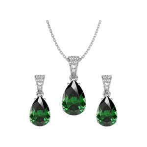 Silver Dark Green Tear Drop Pendant Earring